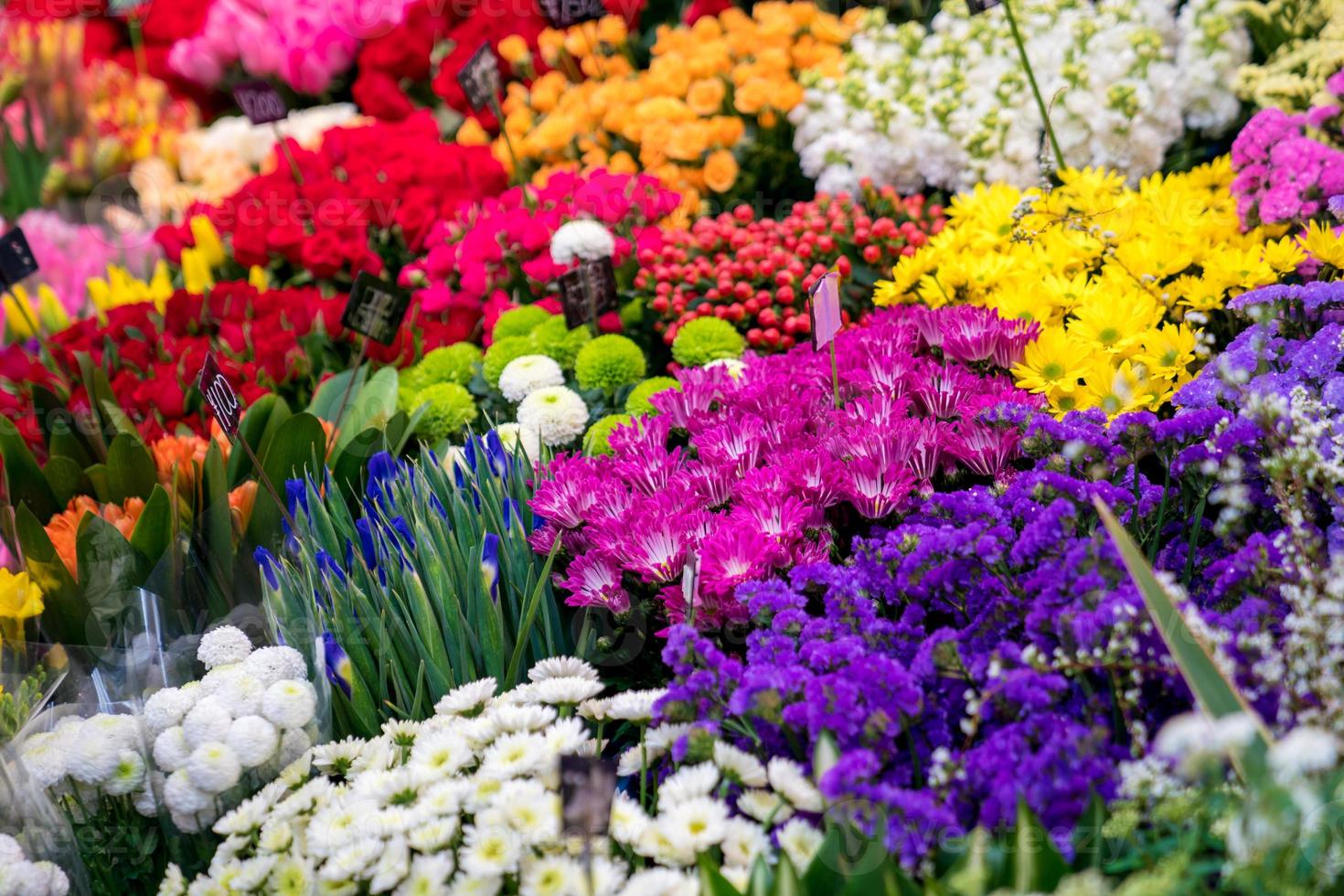 muchas flores en la tienda de flores en el mercado de pescado kuromon ichiba market, osaka, japón. foto