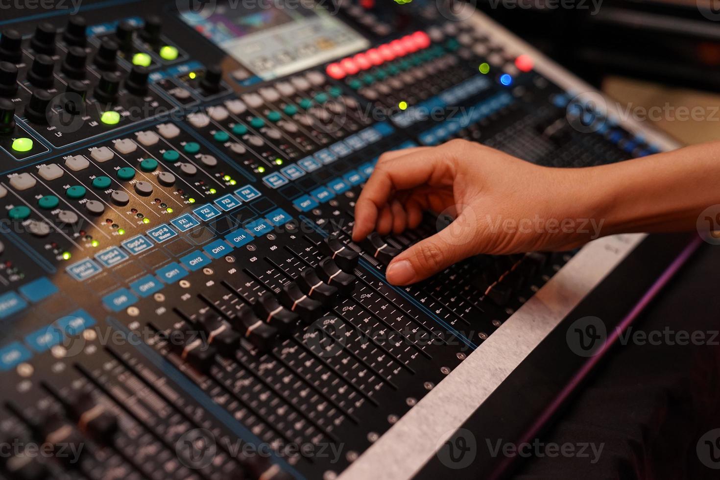 DJ with sound bar and technology of the sound. photo