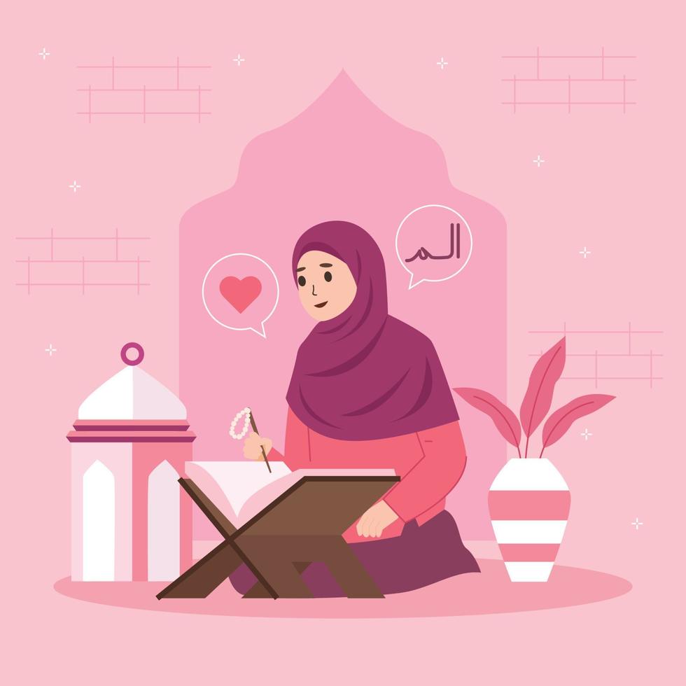 una mujer musulmana leyendo el corán vector