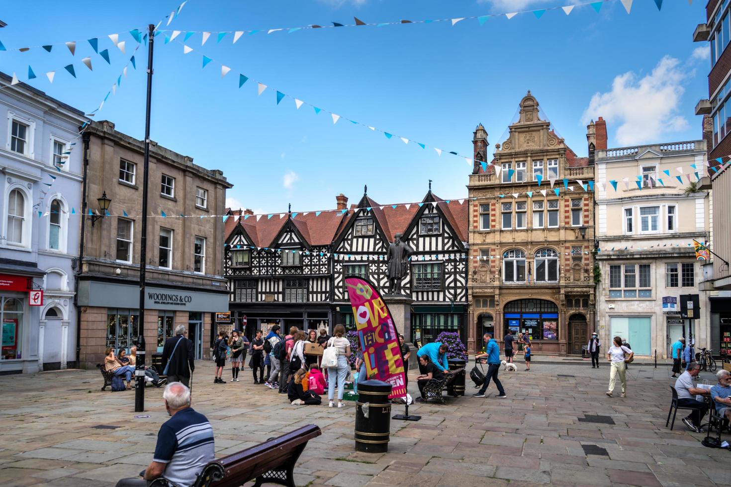 SHREWSBURY, SHROPSHIRE, UK, 2021. View of old buildings in Shrewsbury, Shropshire on July 13, 2021. Unidentified people photo