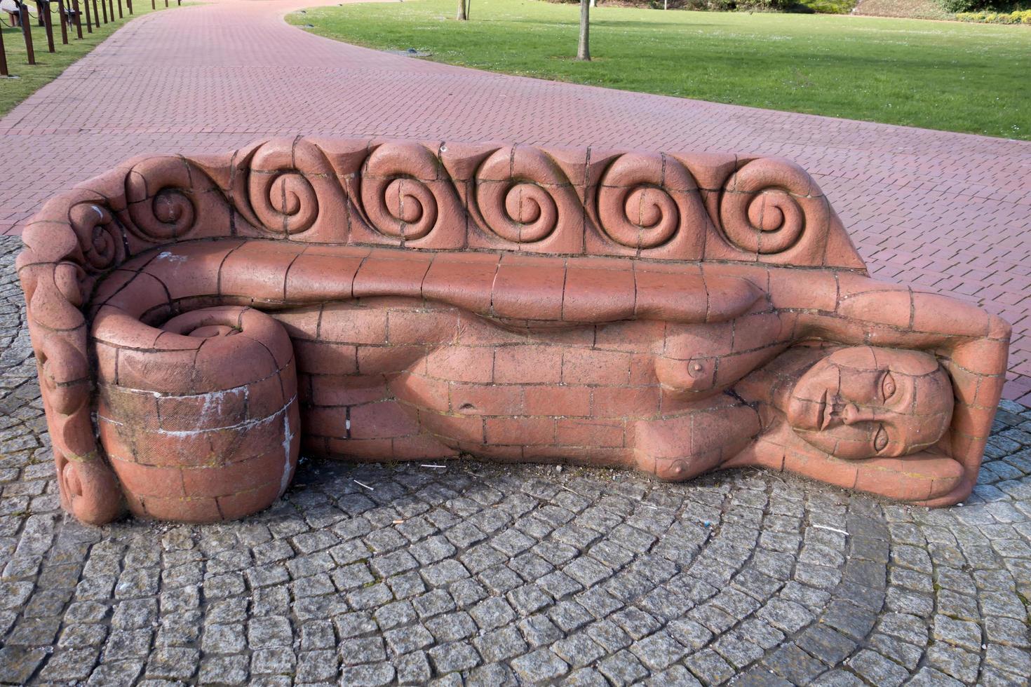 Cardiff, Wales, UK, 2014. View of one of the Beastie Benches by Gwen Heeney at Britannia Quay photo