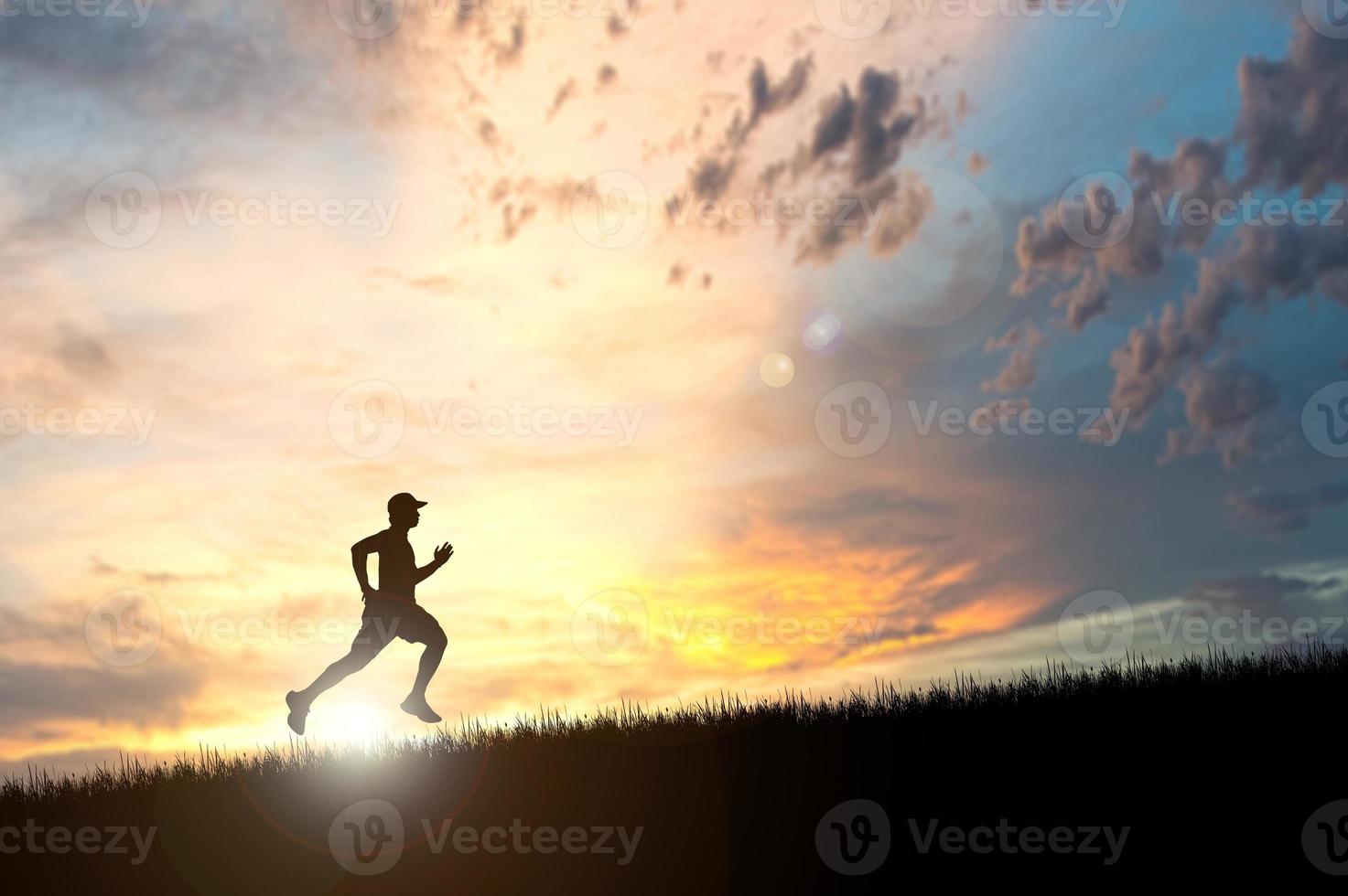 Running man silhouette in sunset time.  silhouette for a runner training in the evening. Sunsets photo