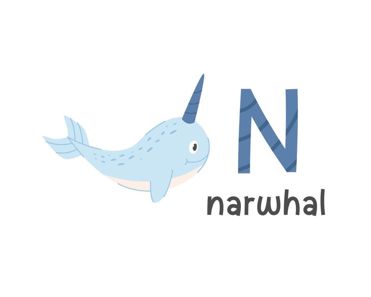 Vector illustration of alphabet letter N and narwhal