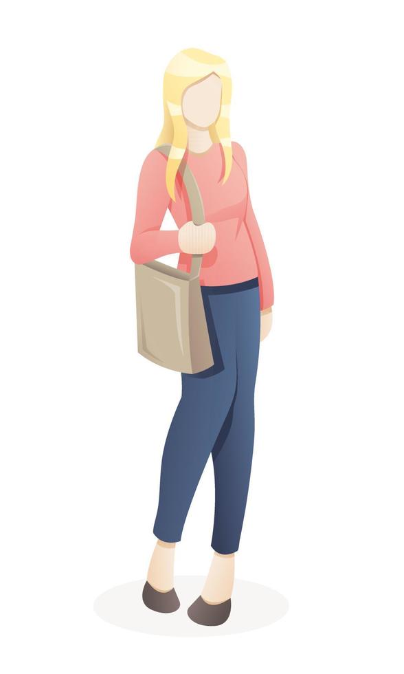 retrato de mujer joven yendo de compras con bolsa ecológica vector