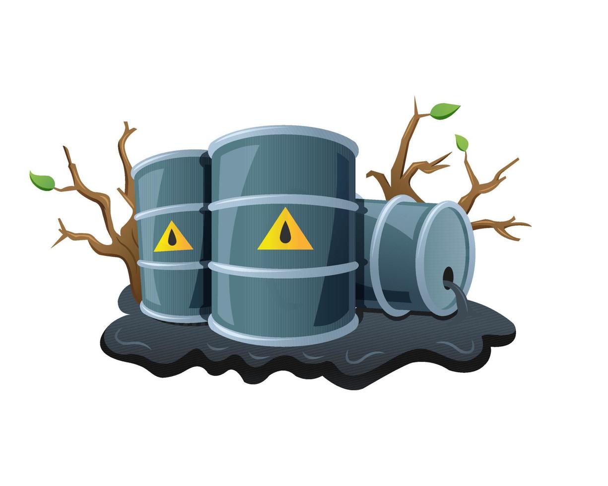 Black metal barrels and spilled oil vector