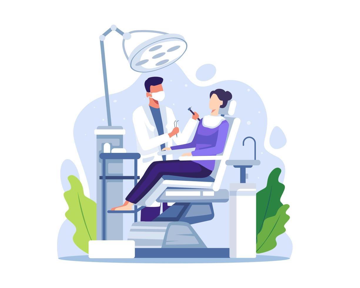 Dentist examining or treating patient teeth vector