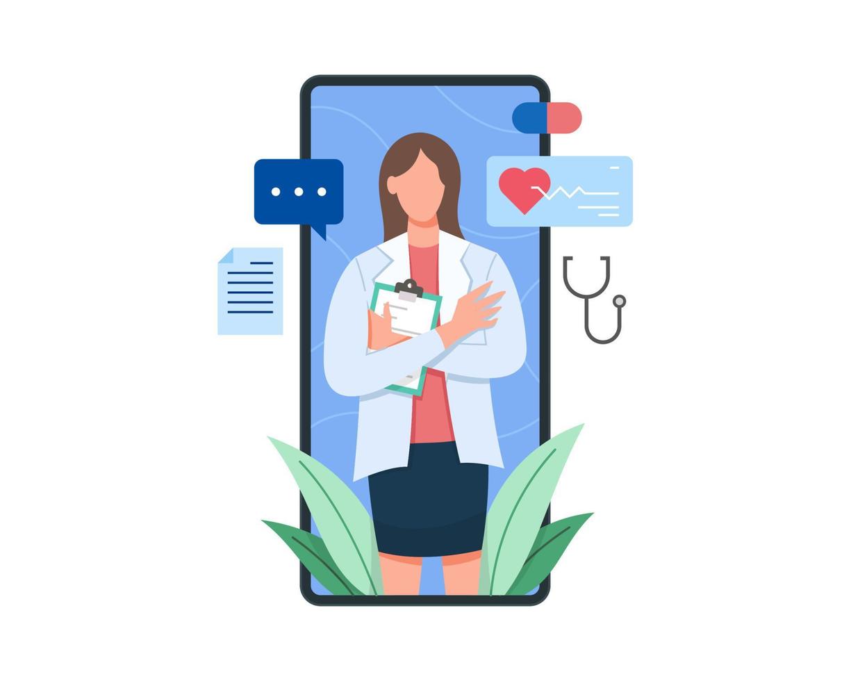 Female doctor on the screen of smartphone holding clipboard vector