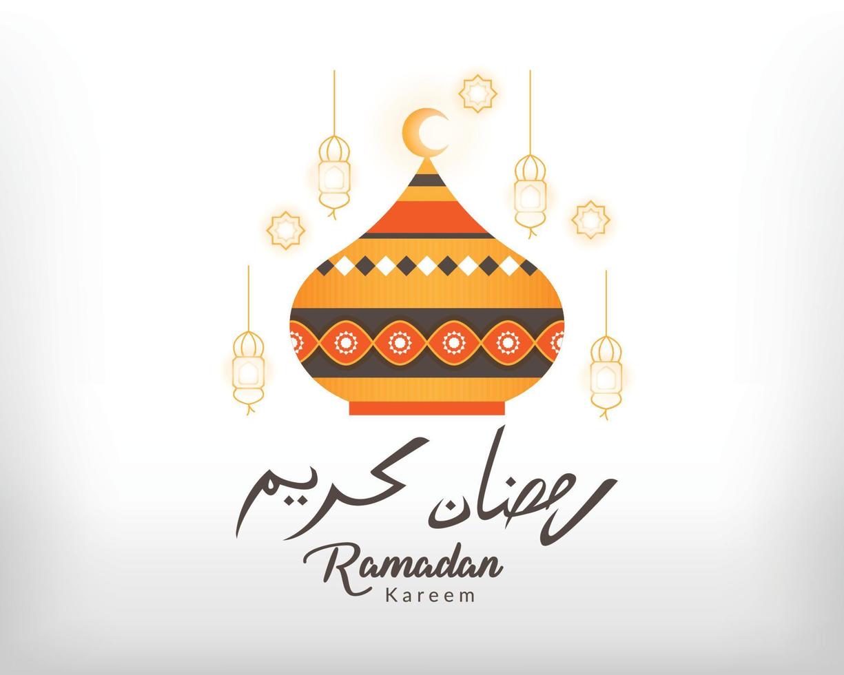 tarjeta de felicitación de ramadán kareem. diseño islámico ramadan kareem con cúpula de mezquita y linternas. fondo de ramadán con caligrafía - vector