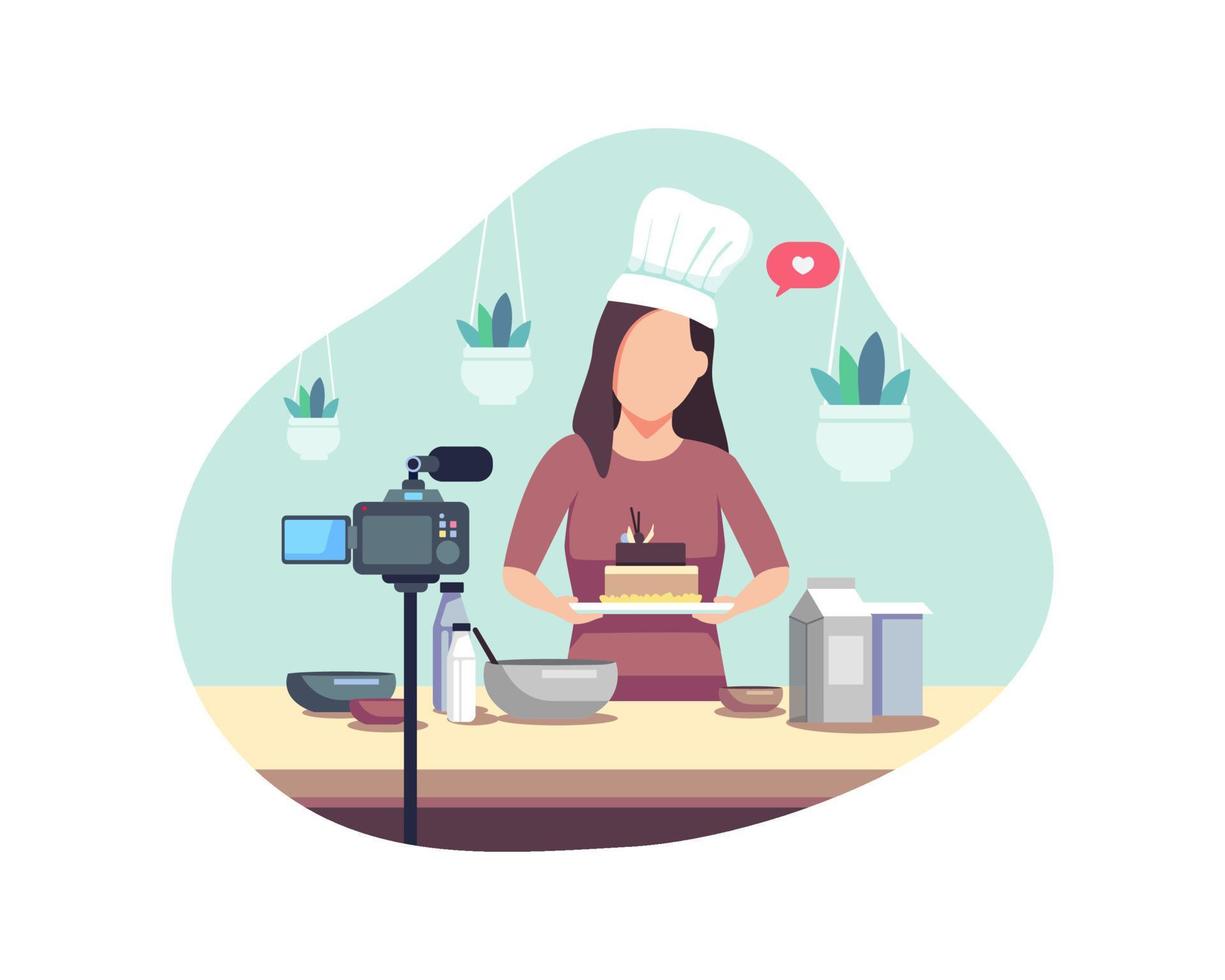 Young woman making a cake baking tutorial vector