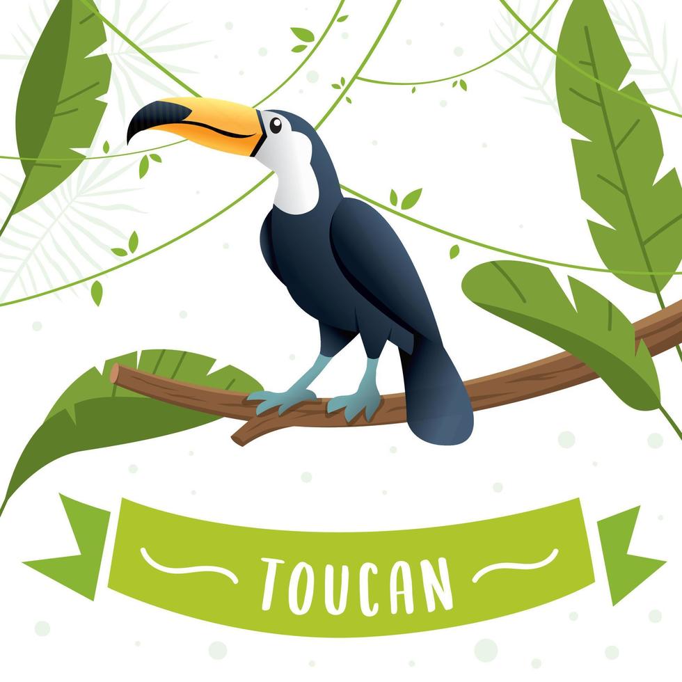 personaje de dibujos animados de aves tucán. tucán sentado en la rama de un árbol. lindo tucán vector plano, fauna sudamericana. ilustración de animales salvajes, concepto de naturaleza, ilustración de libros para niños. ilustración de verano