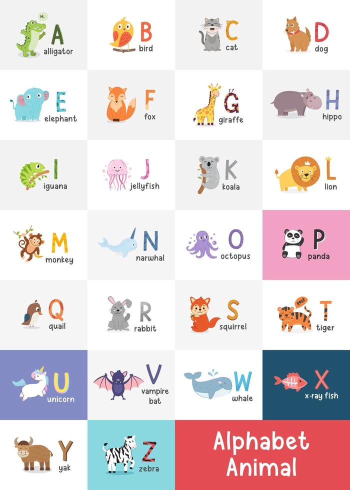 Cute cartoon animals alphabet for children education vector