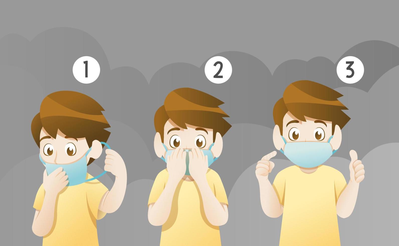 Boy wearing mask for protect pollution vector