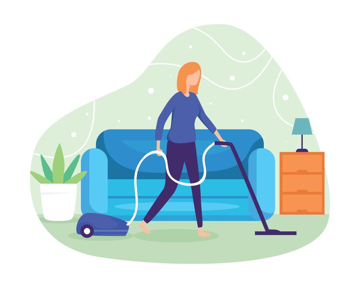 Girl cleaning room with vacuum cleaner vector