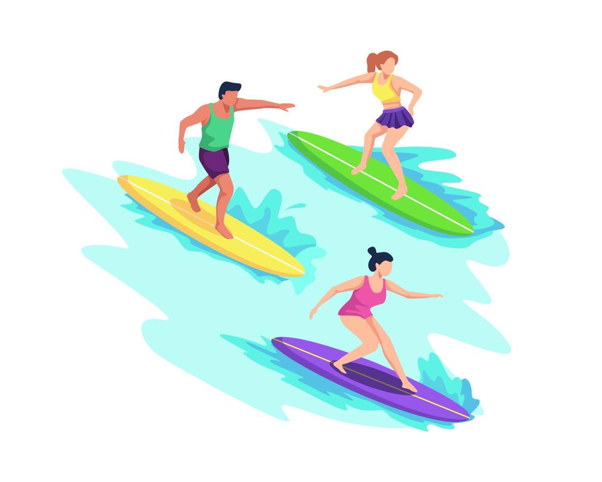 Men and women surfing illustration vector