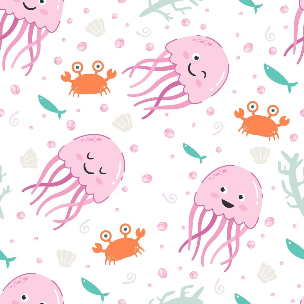 Adorable little pink jellyfish seamless pattern vector