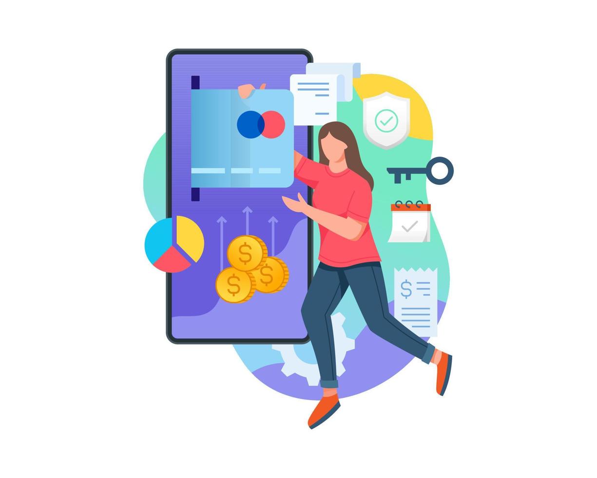 Woman make online payment with mobile phone application. vector