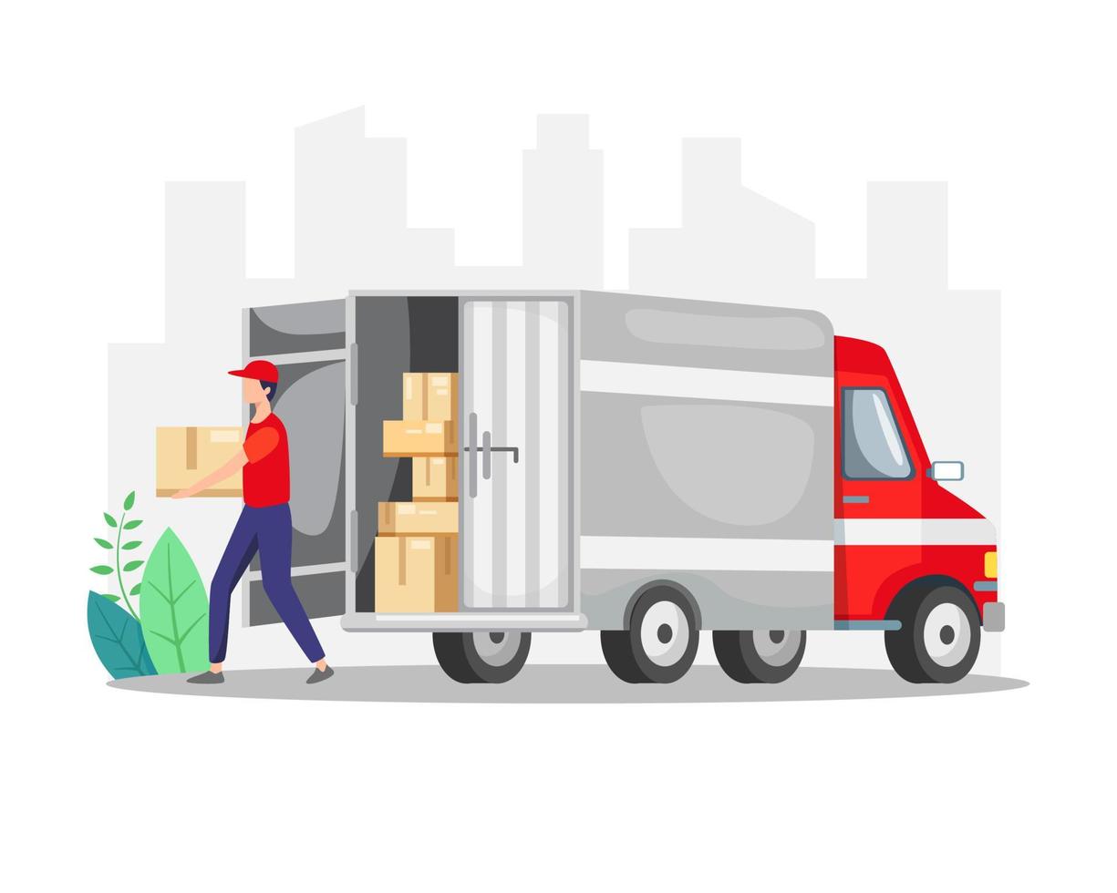 Courier delivering package with truck vector