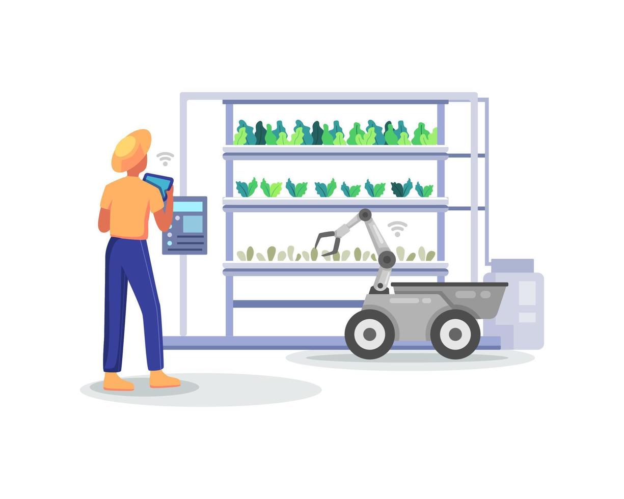 Farmer holding tablet checking his plants vector