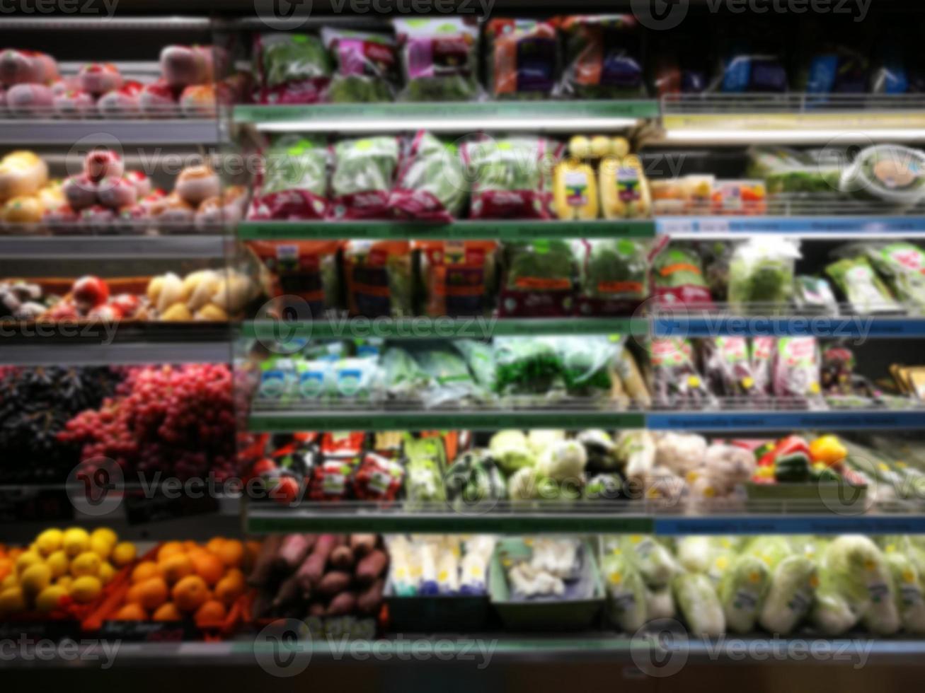 Blurred of product shelves in supermarket photo