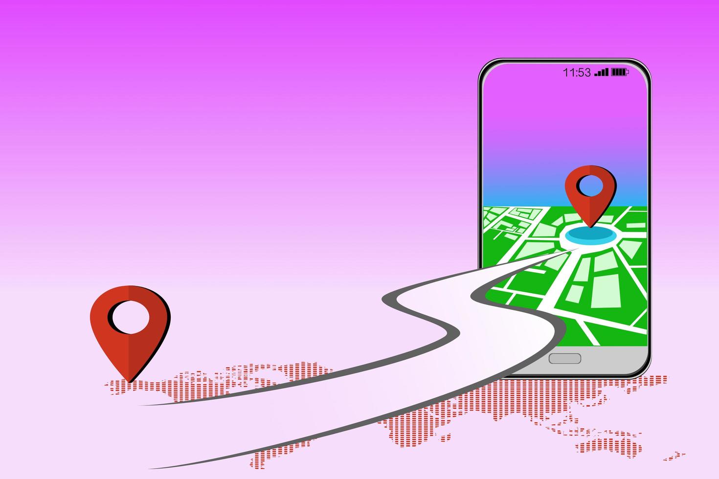 Telephone communication technology symbol illustration showing the GPS position of the route on the map, delivery photo