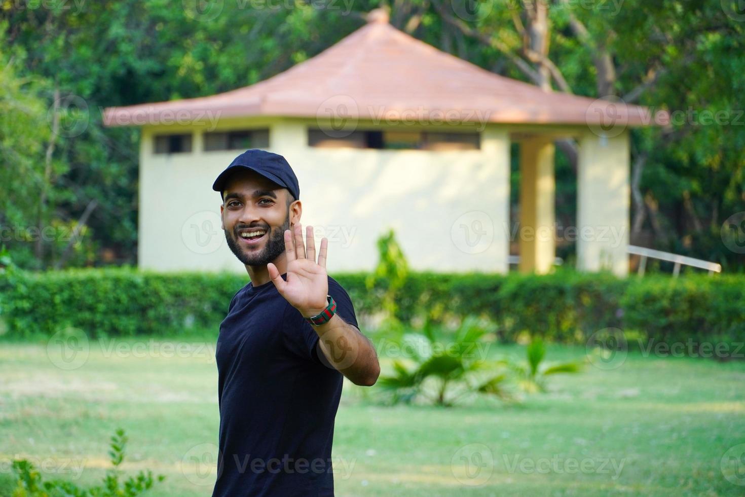 a man bought a new house and happy saying hi photo