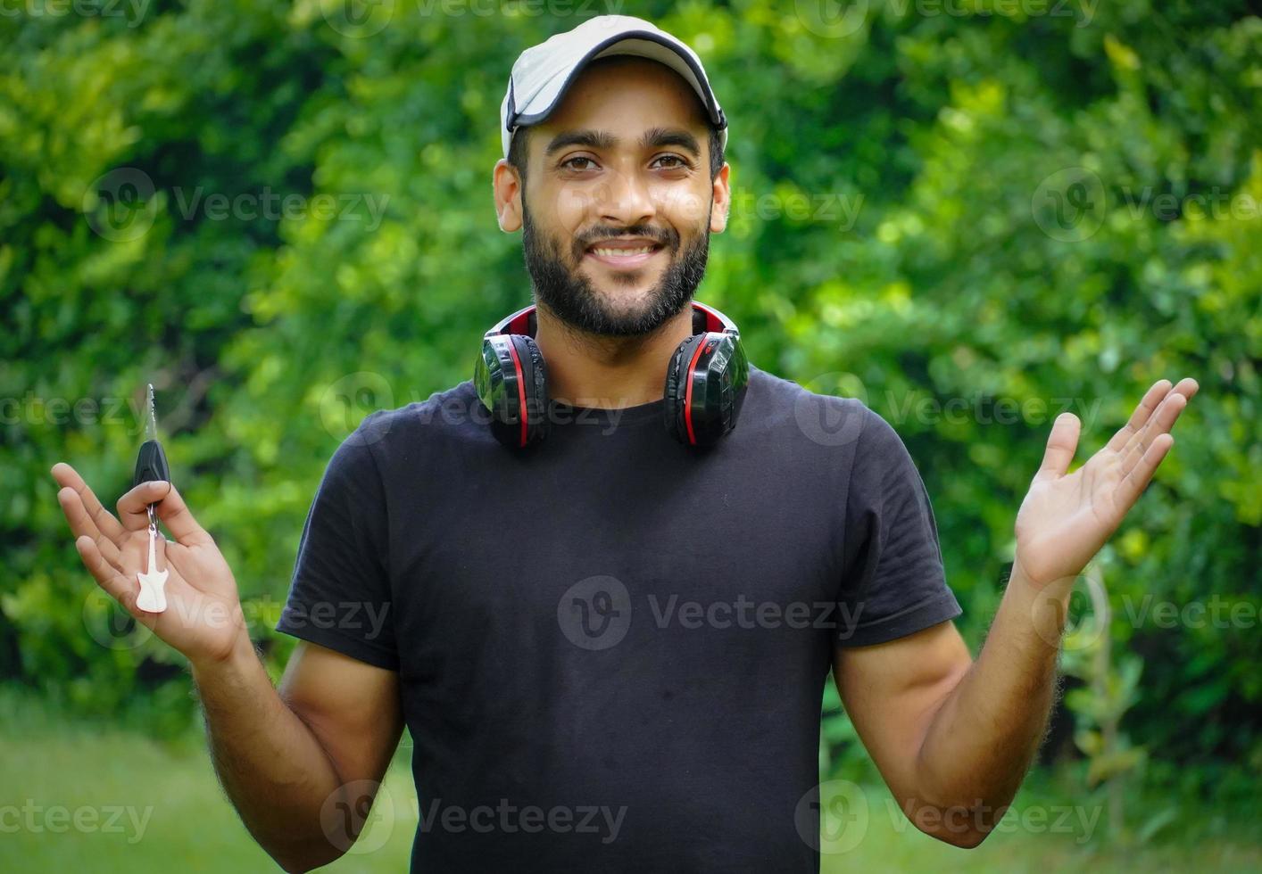 happy man with headphone and scotty photo