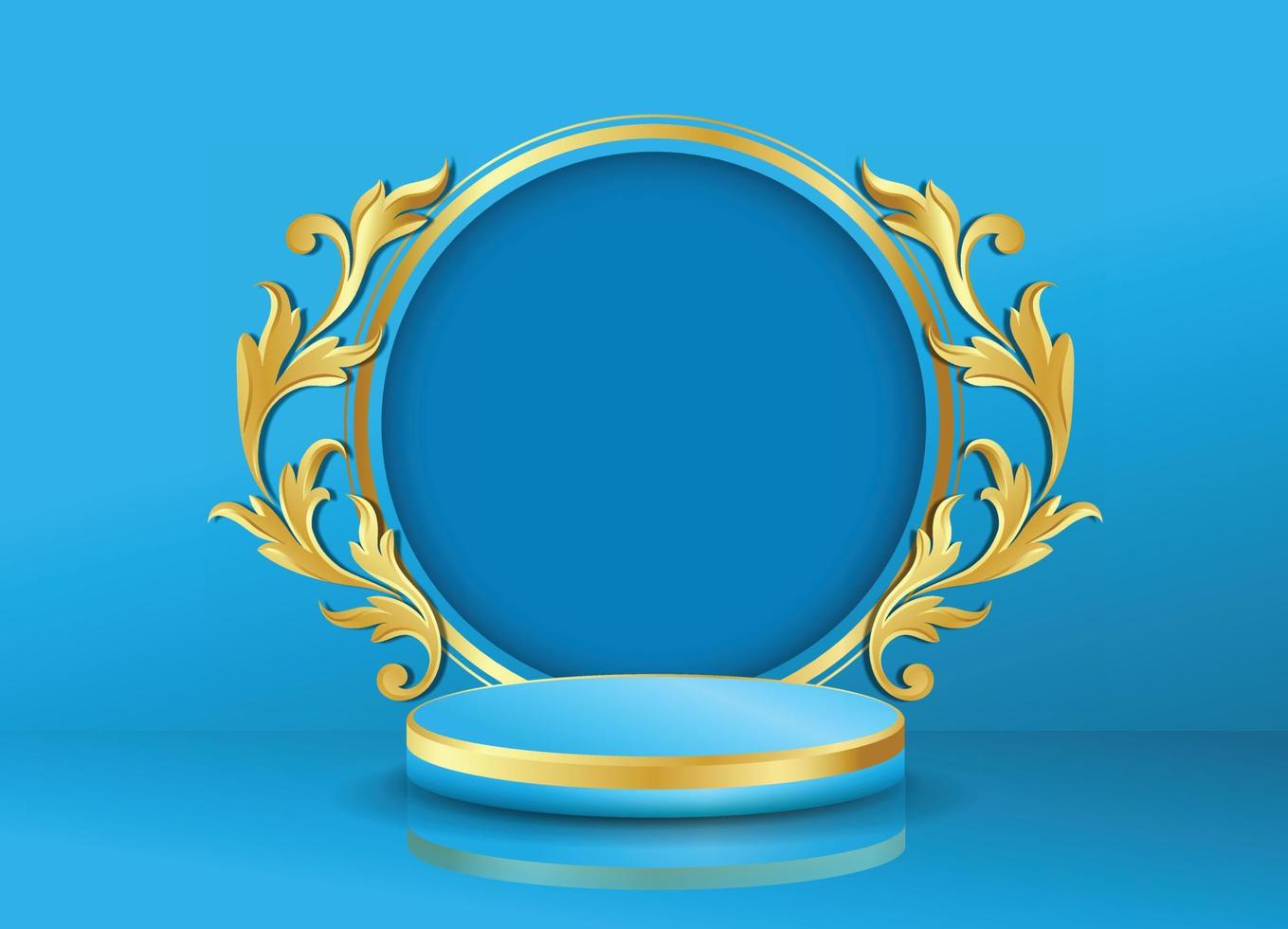 Podium and baroque gold motifs on blue background. vector