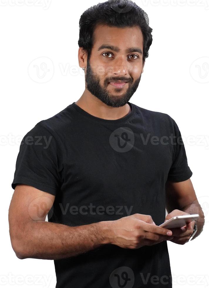 A Man using mobile in white background photo