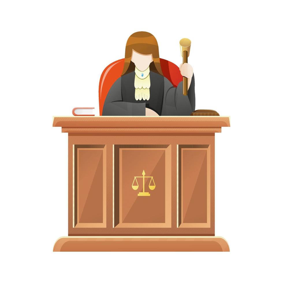Judge sitting behind the desk court holding wooden gavel vector