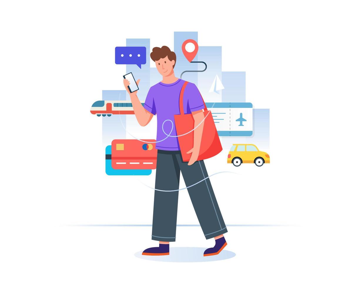Young man with mobile phone booking online ticket vector
