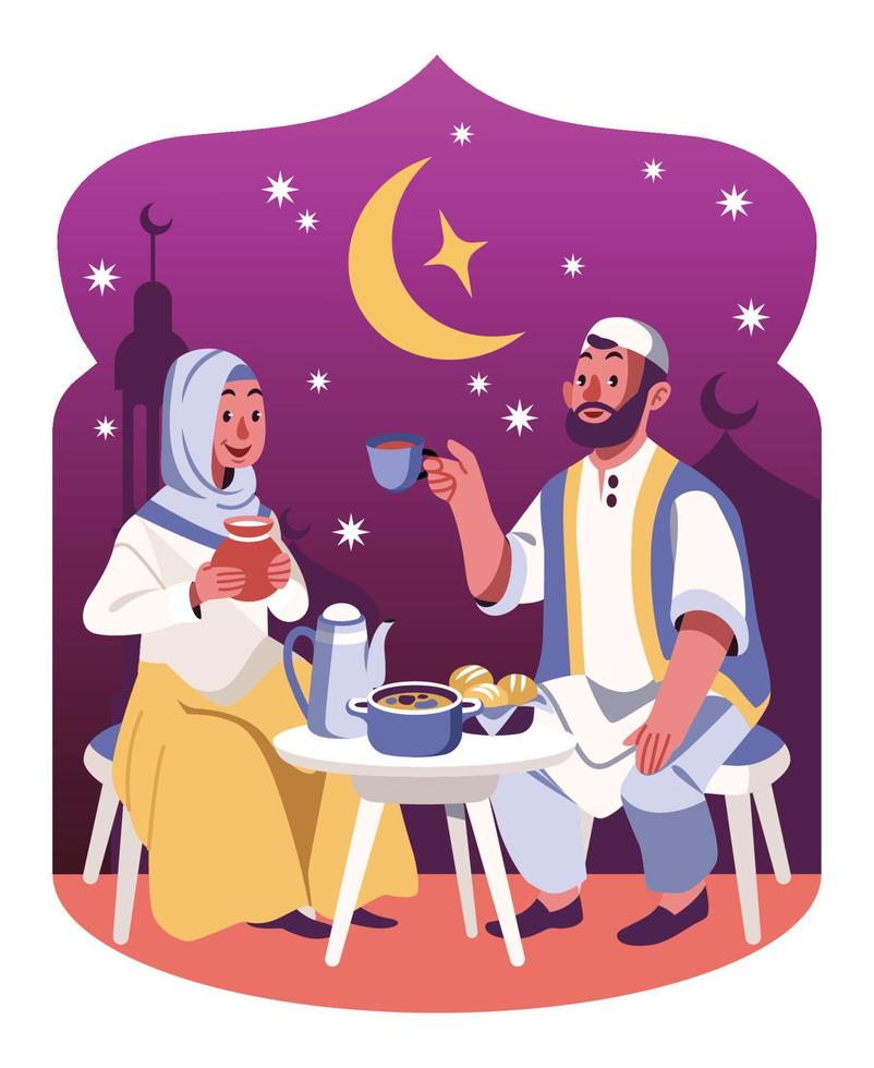 A Husband And A Wife Breaking Fast In The Month Of Ramadhan vector