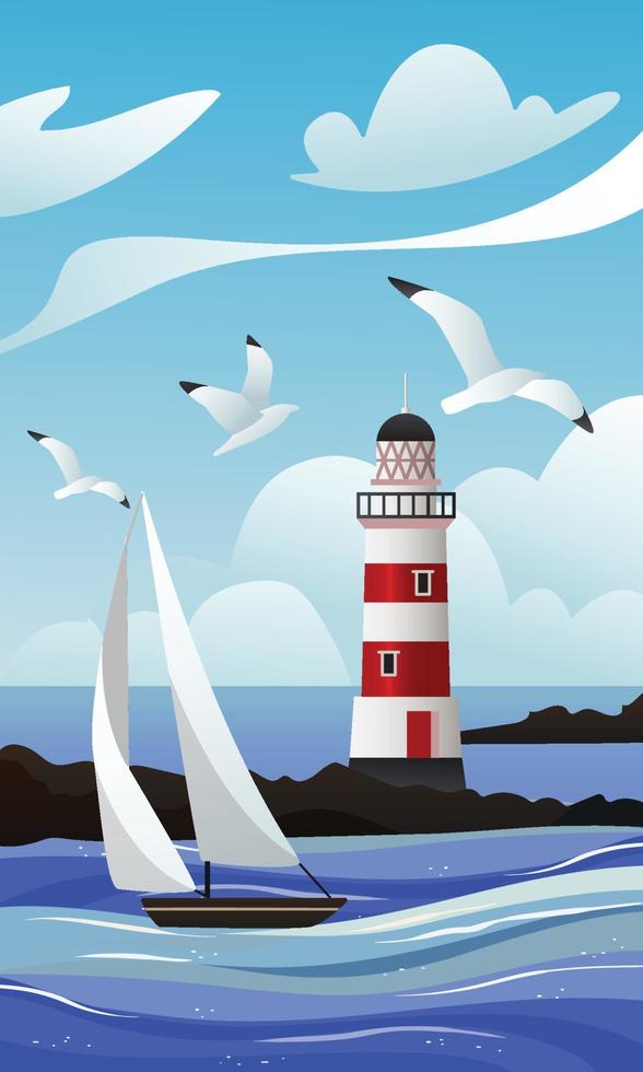 A Boat Towards the Lighthouse on the Seashore vector