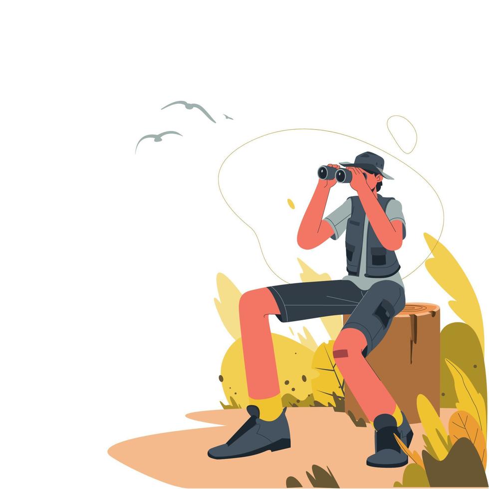 Bird Watcher Looking Through Binoculars In The Forest vector