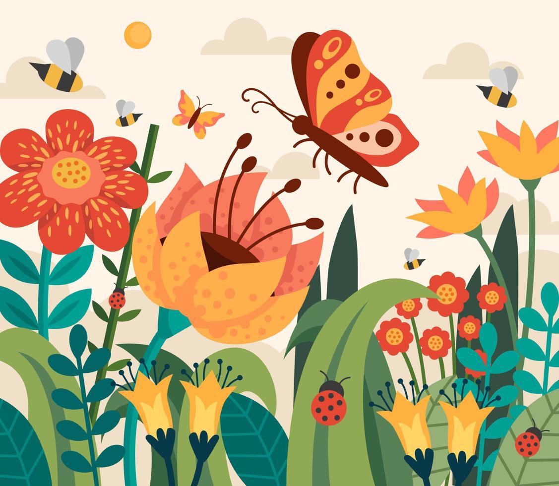 Spring View with Beautiful Insects and Flowers vector