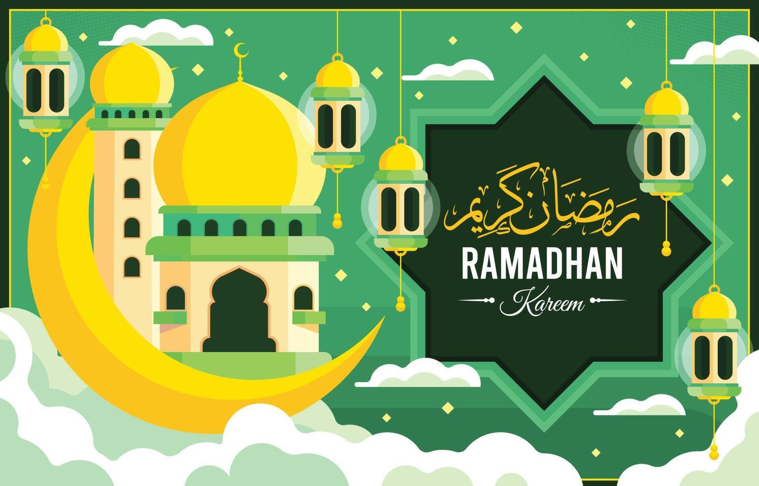 Ramadhan Month Mosque And Lamp Flat Design vector
