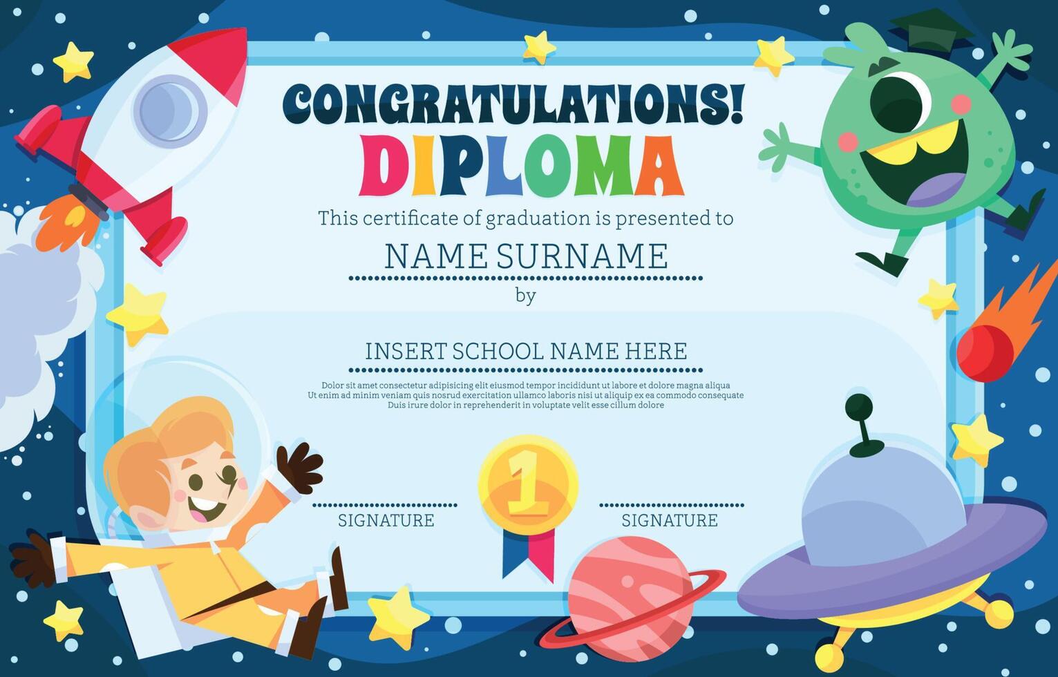 Kindergarten Certificate Space Adventure Cartoon Template vector