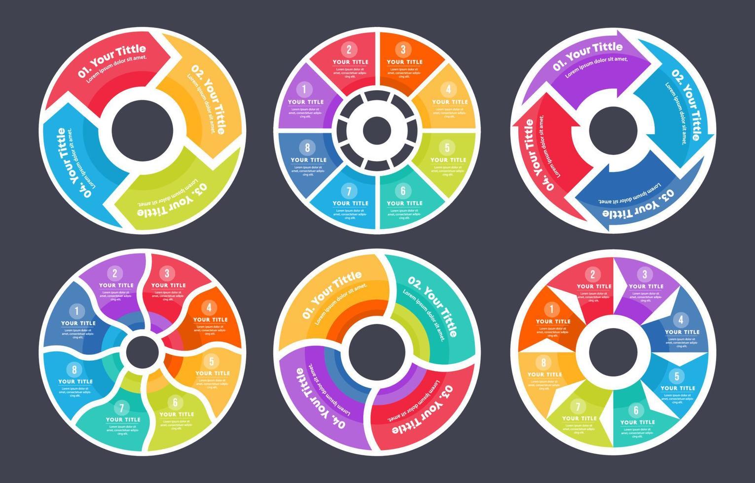 infografías de pasos circulares con elementos degradados y diseños alternativos para empresas vector