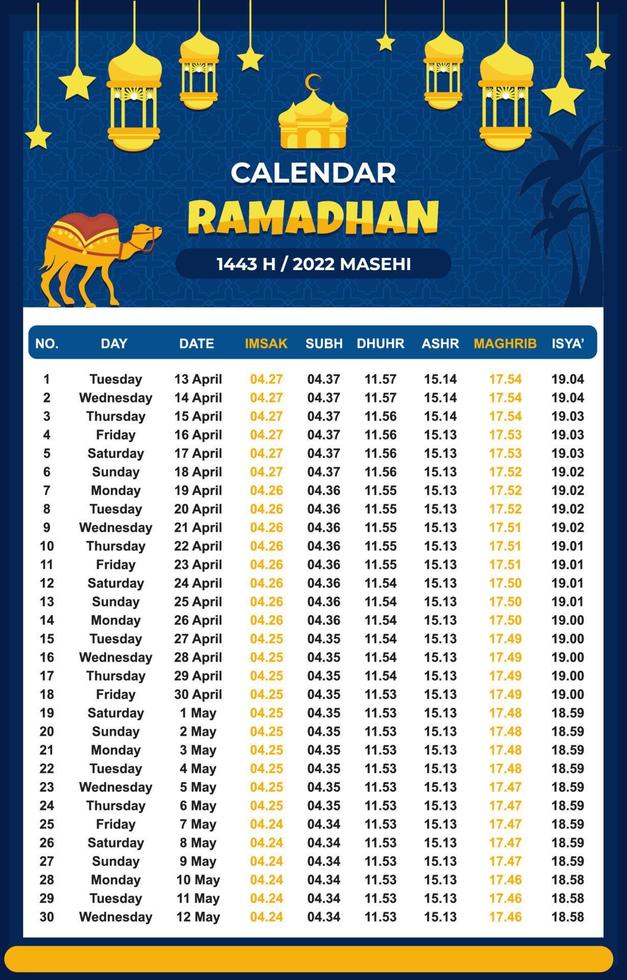 Islamic Fasting Month Calendar Tamplate 2022 vector