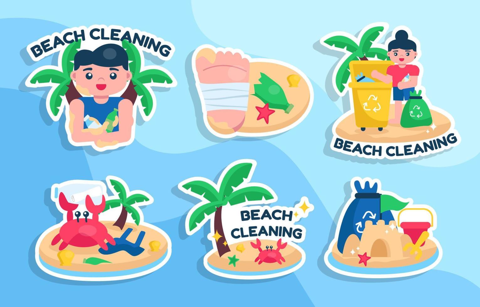 concepto de conjunto de pegatinas de playa de limpieza vector