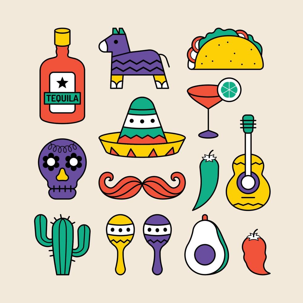 Cinco de Mayo Icons in Flat Style vector