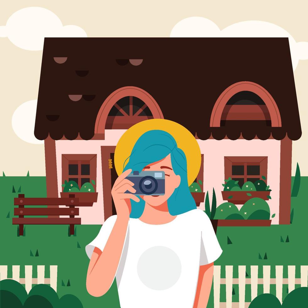 Woman Snaps Camera Outside Her House Concept vector