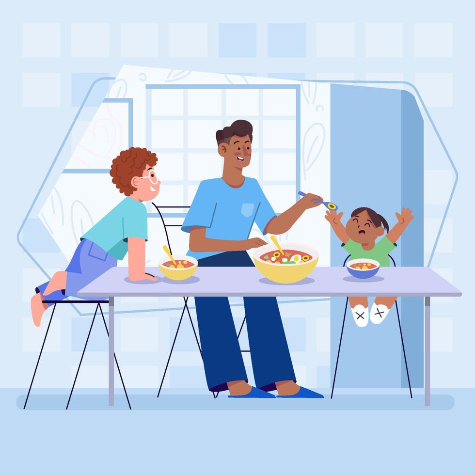 Dad Feed His Children at Dining Table vector