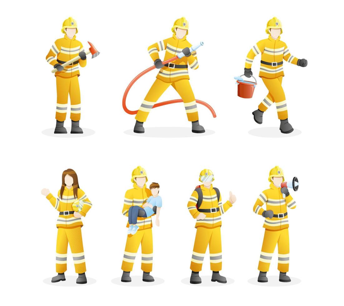 Set of Firefighters put out fires and save civilians vector