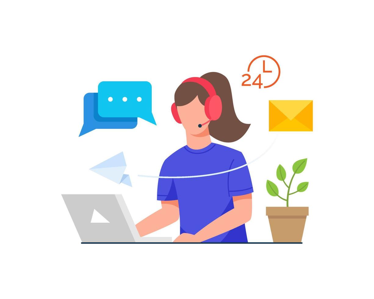 Woman sitting at desk with headset in front of laptop vector