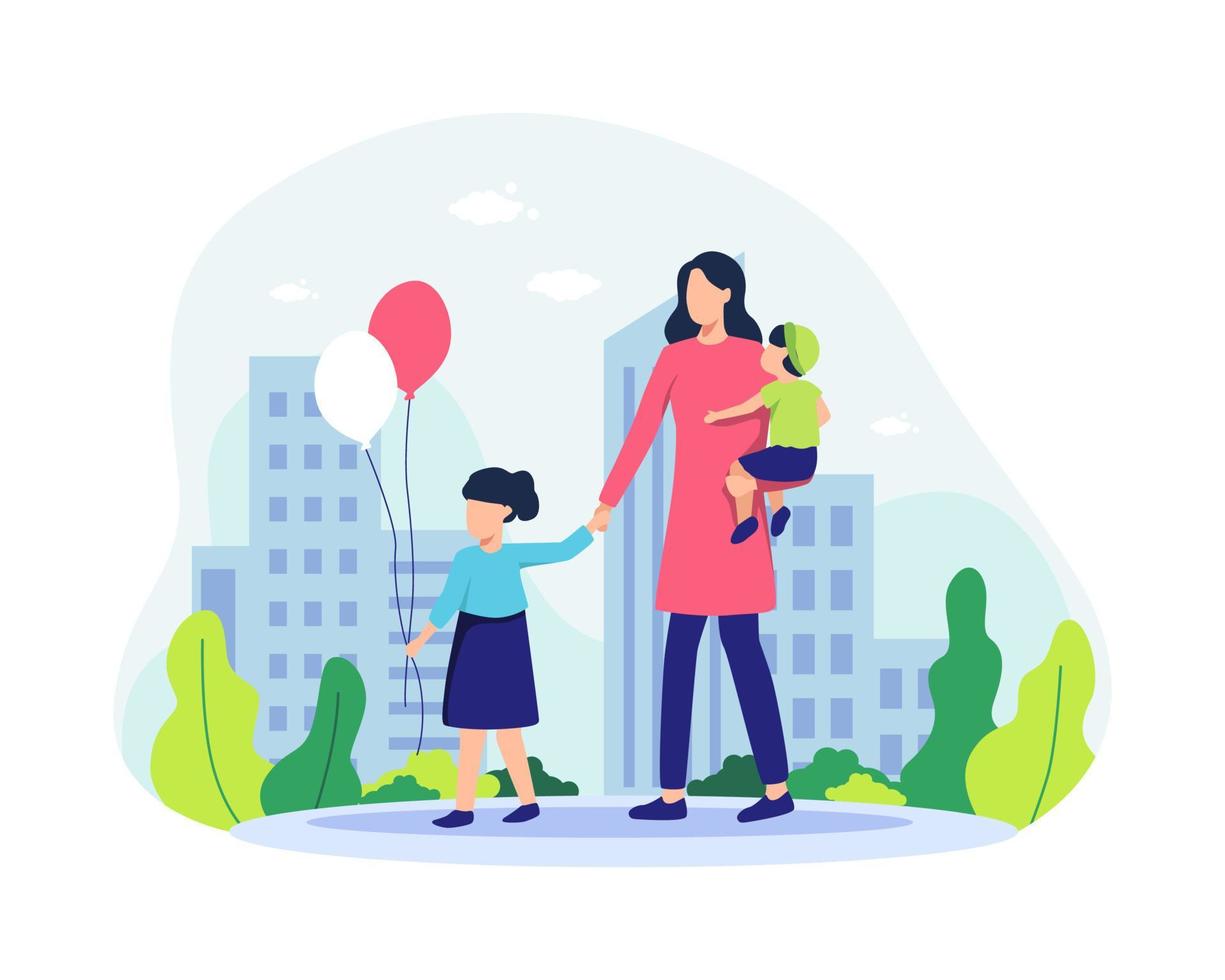 Mother and her children walking in the park vector