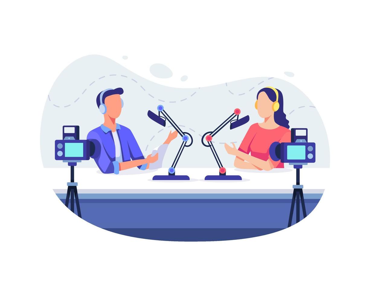 People recording audio podcast or online show vector