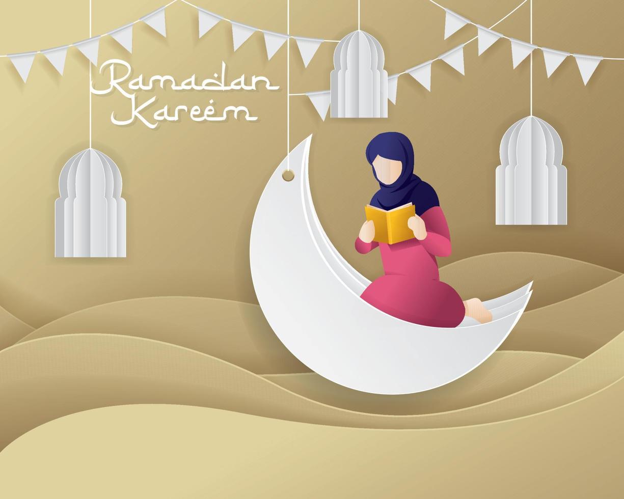 Ramadan greeting illustration. Ramadan Kareem with Muslim prayer for Islamic greeting background. Ramadan Background Islamic crescent. Vector illustration