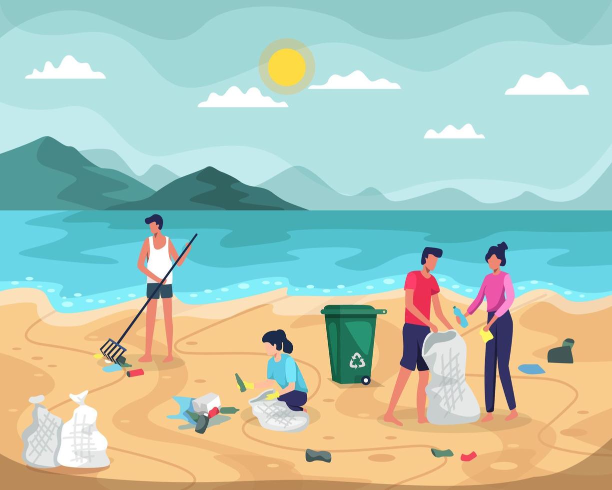 People collecting garbage on ocean beach vector