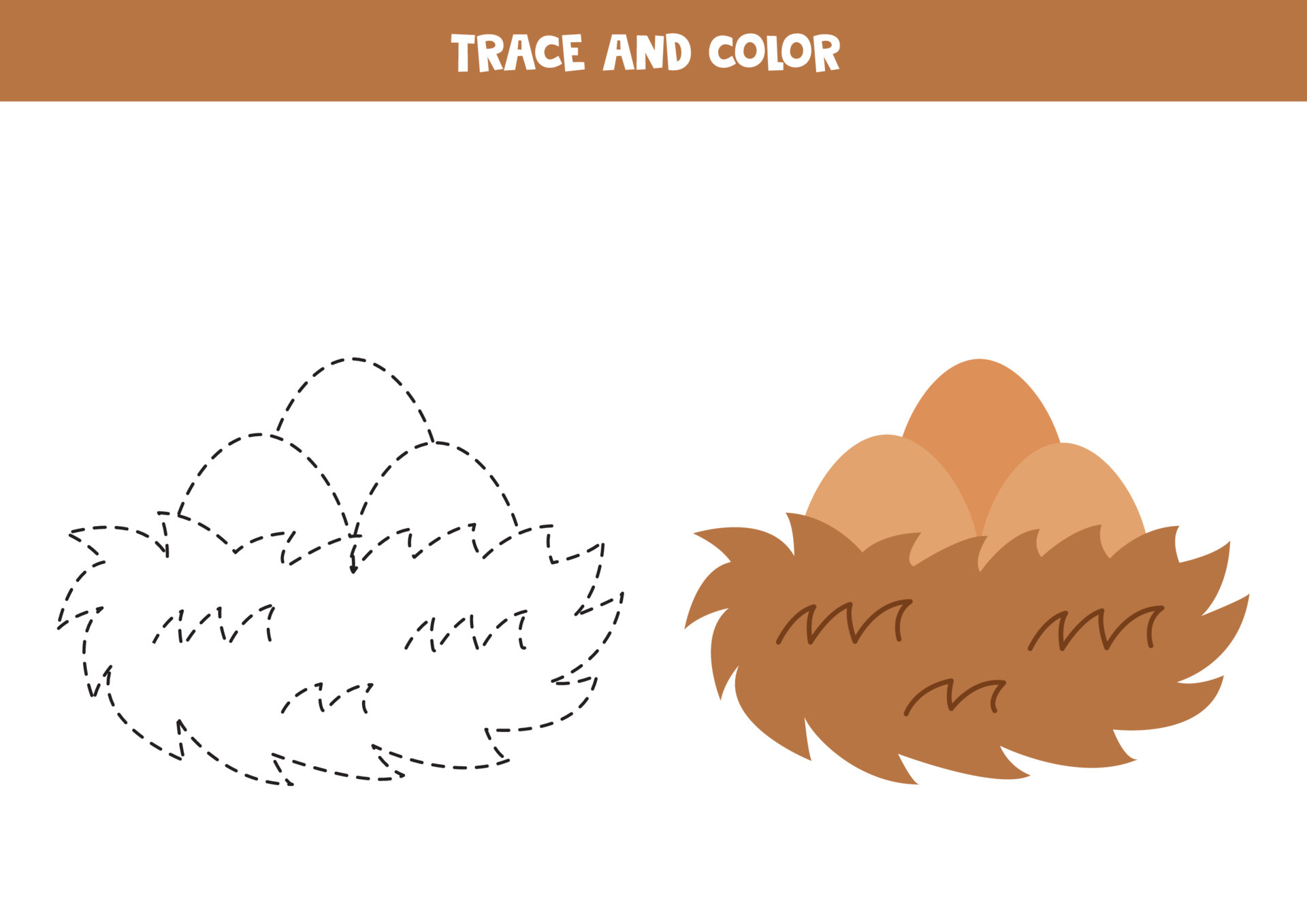 Trace And Color Cute Bird Nest With Eggs Worksheet For Children