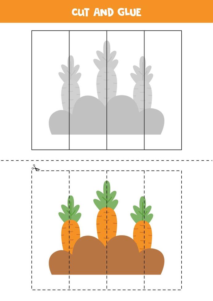 Cut and glue parts of cartoon carrot bed. vector